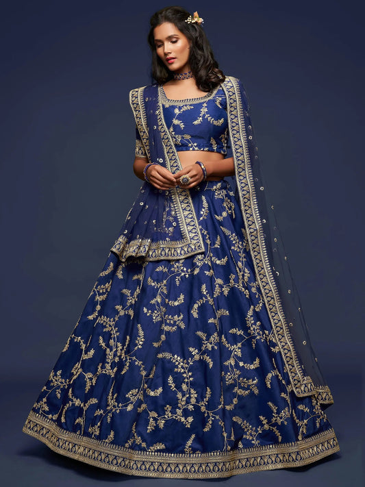Enjoyable Blue Thread Embroidery Art Silk Wedding Lehenga Choli - Zeel Clothing