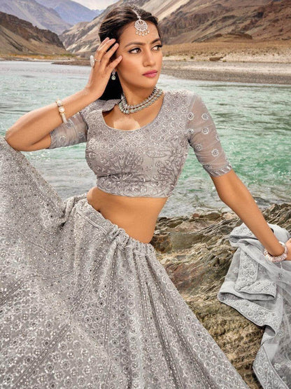 Enticing Grey Thread Work Organza Sangeet Wear Lehenga Choli - Zeel Clothing