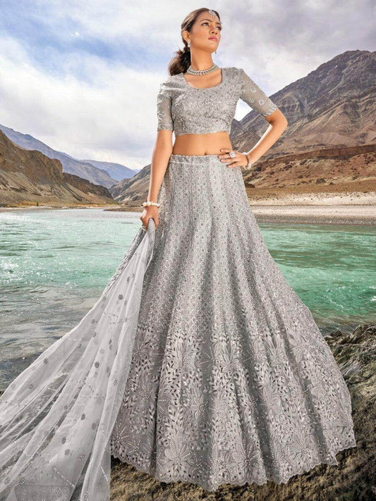 Enticing Grey Thread Work Organza Sangeet Wear Lehenga Choli - Zeel Clothing