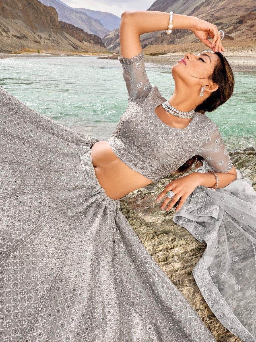 Enticing Grey Thread Work Organza Sangeet Wear Lehenga Choli - Zeel Clothing