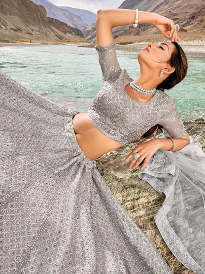 Enticing Grey Thread Work Organza Sangeet Wear Lehenga Choli - Zeel Clothing