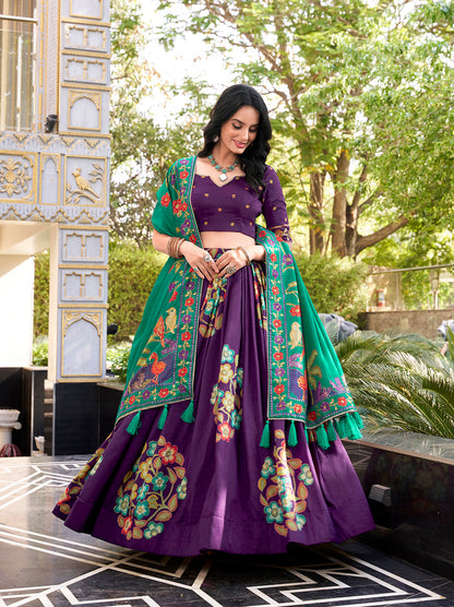 Purple Color Printed And Foil Work Tussar Silk Lehenga Choli