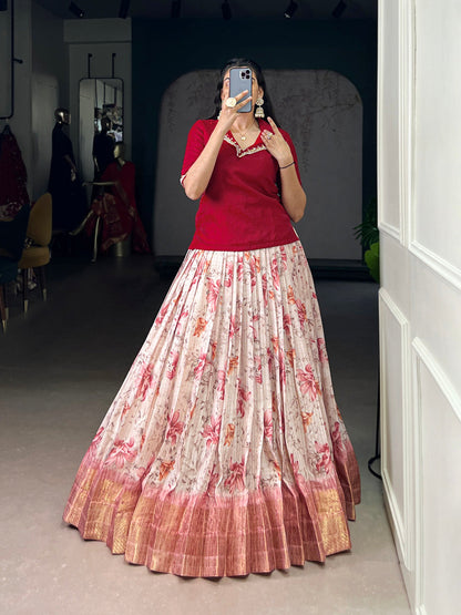 Red Color Floral Print With Zari Weaving Work Dola Chex Co-Ord Set