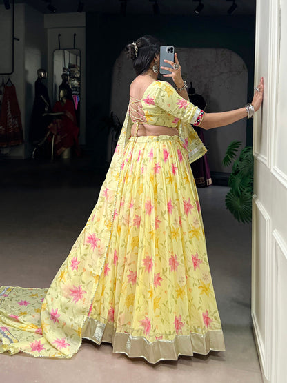 Yellow Color Floral Print With Embossed Design Tabby Silk Chaniya Choli