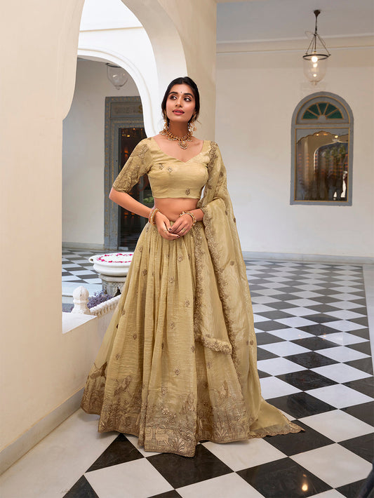 Off White Color Sequins and Thread Embroidery Work Gold Crush Lehenga Choli