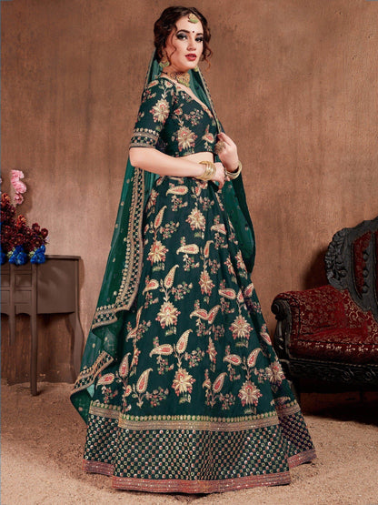 Ethnic Dark Green Colored Bridal Wear Designer Embroidered Lehenga choli - Zeel Clothing