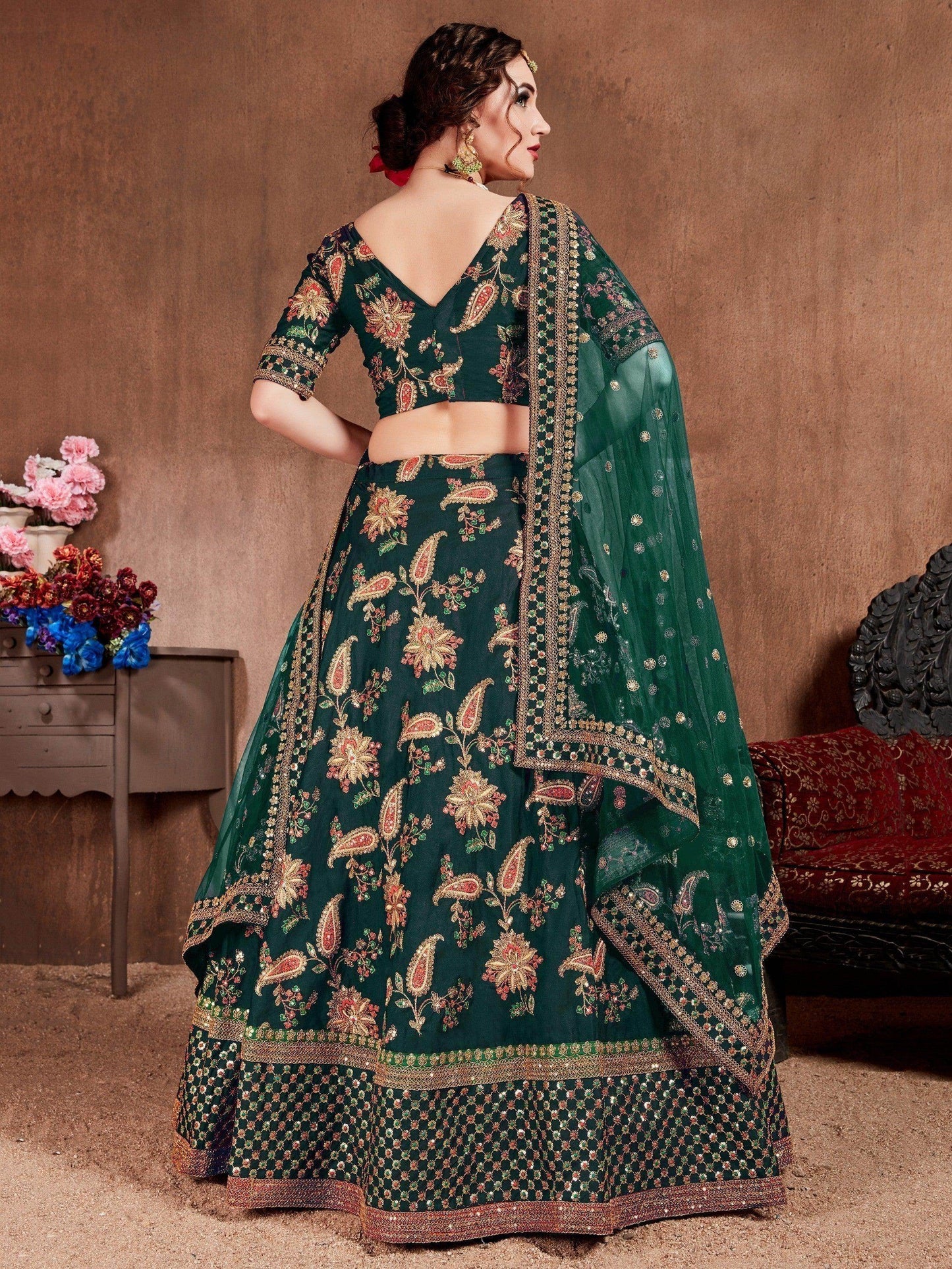 Ethnic Dark Green Colored Bridal Wear Designer Embroidered Lehenga choli - Zeel Clothing