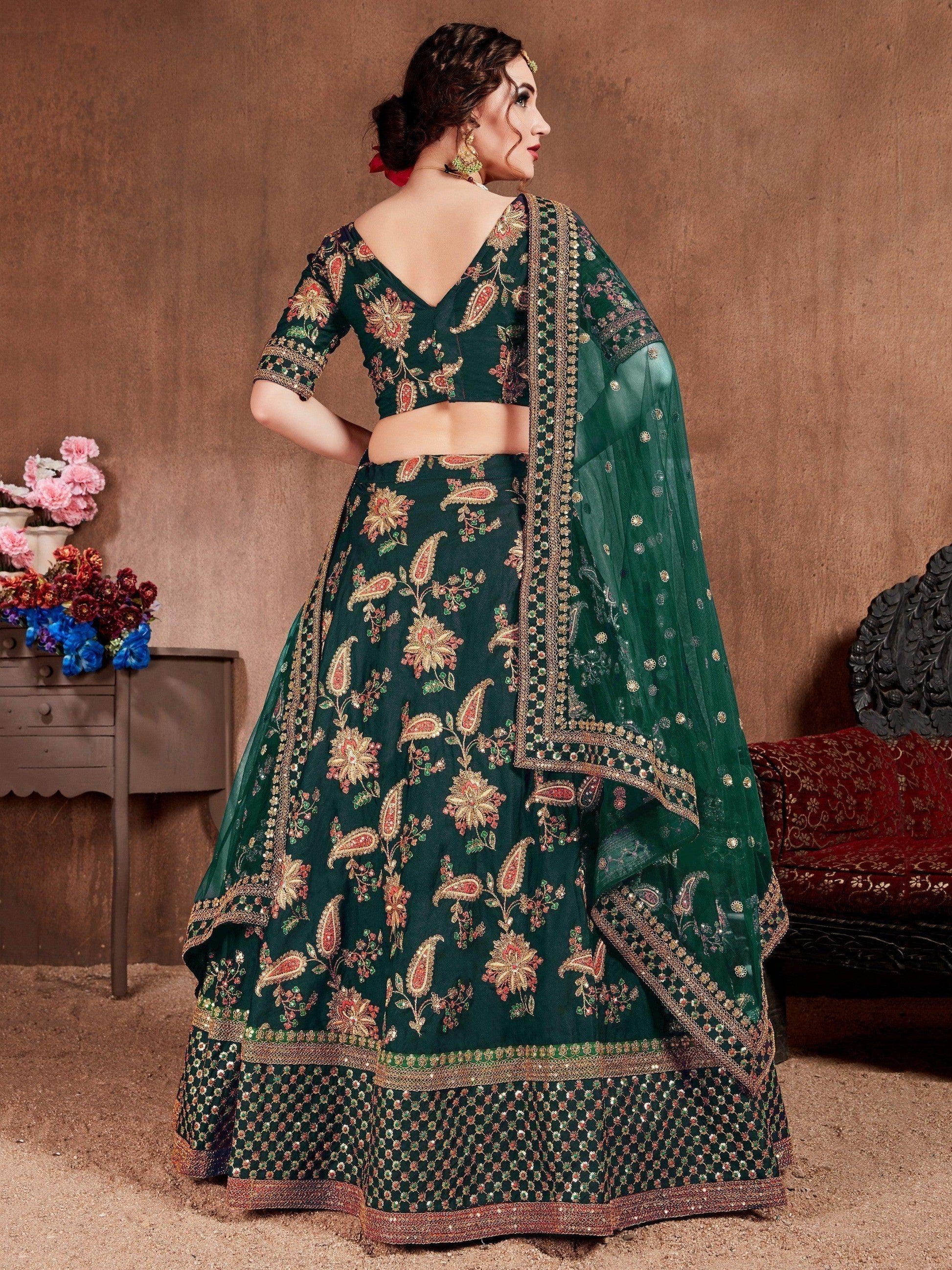 Ethnic Dark Green Colored Bridal Wear Designer Embroidered Lehenga choli - Zeel Clothing