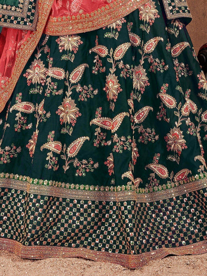 Ethnic Dark Green Colored Bridal Wear Designer Embroidered Lehenga choli - Zeel Clothing