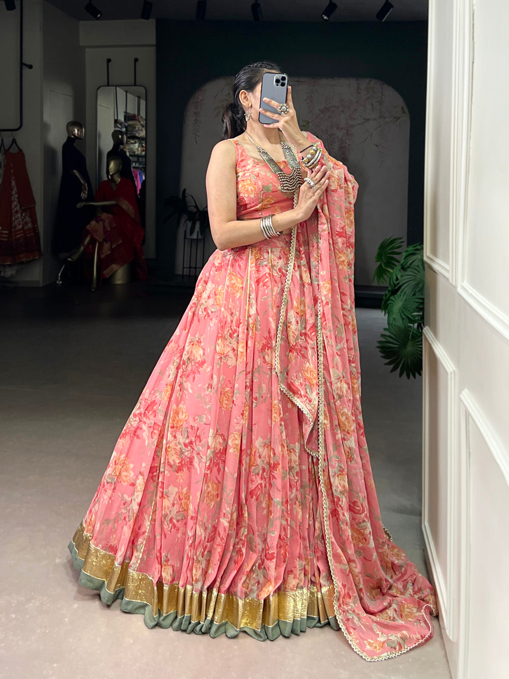 Peach Color Floral And Foil Print With Embossed Design Chiffon Ghaghra choli