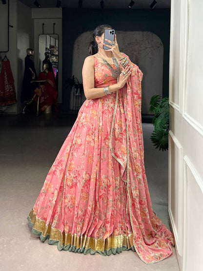 Peach Color Floral And Foil Print With Embossed Design Chiffon Ghaghra choli