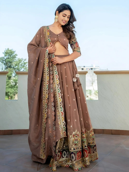 Excellent Beige Thread Embroidery Silk Engagement Wear Lehenga Choli - Zeel Clothing