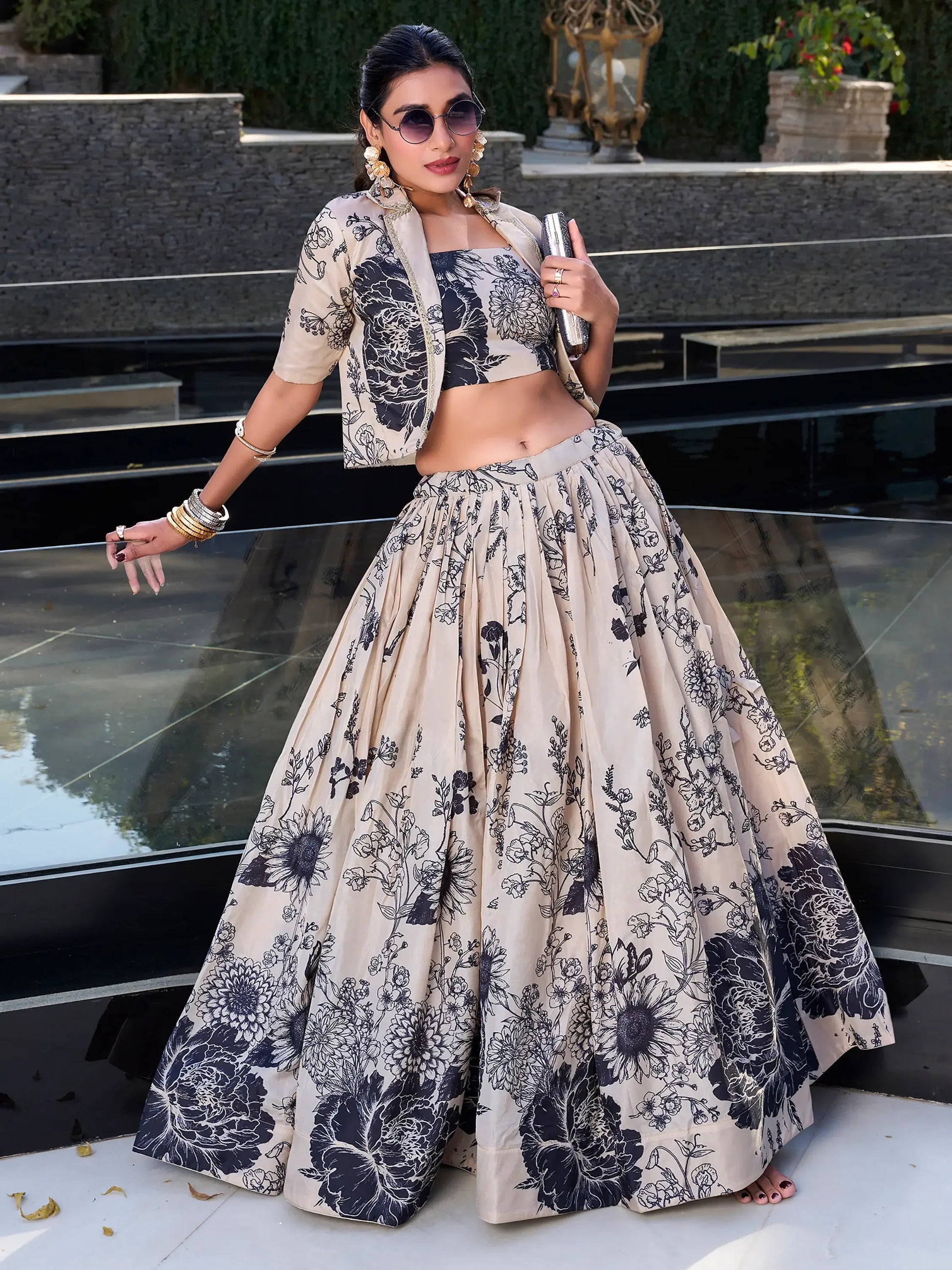 Excellent Cream Printed Festival Wear Silk Crop Top Lehenga With Jacket - Zeel Clothing