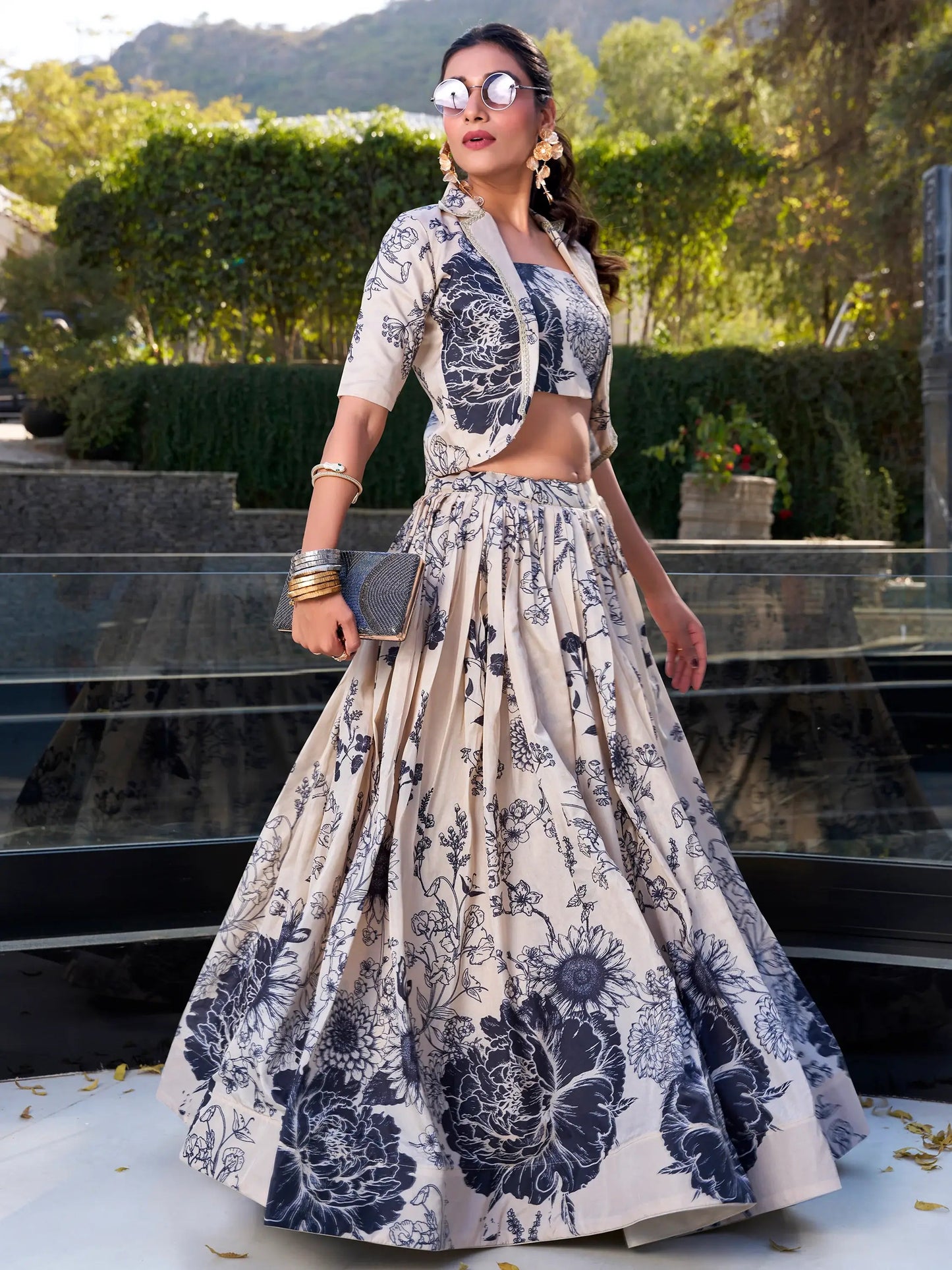 Excellent Cream Printed Festival Wear Silk Crop Top Lehenga With Jacket - Zeel Clothing