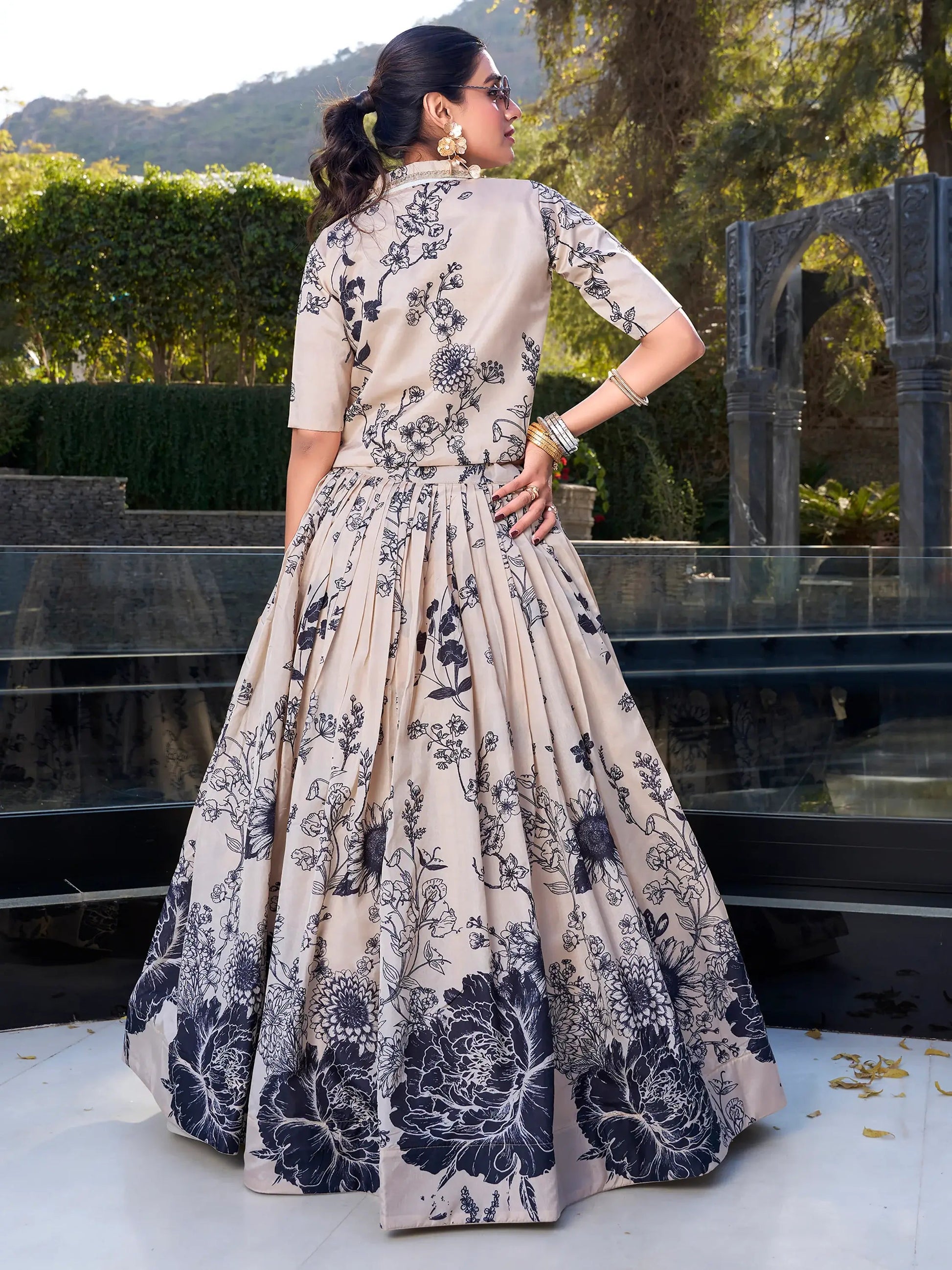 Excellent Cream Printed Festival Wear Silk Crop Top Lehenga With Jacket - Zeel Clothing
