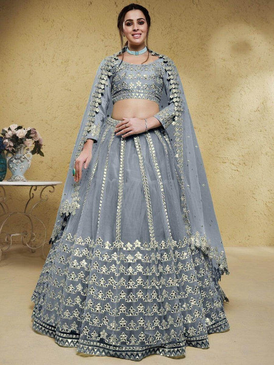 Excellent Grey Foil Work Net Wedding Wear Lehenga Choli With Dupatta - Zeel Clothing