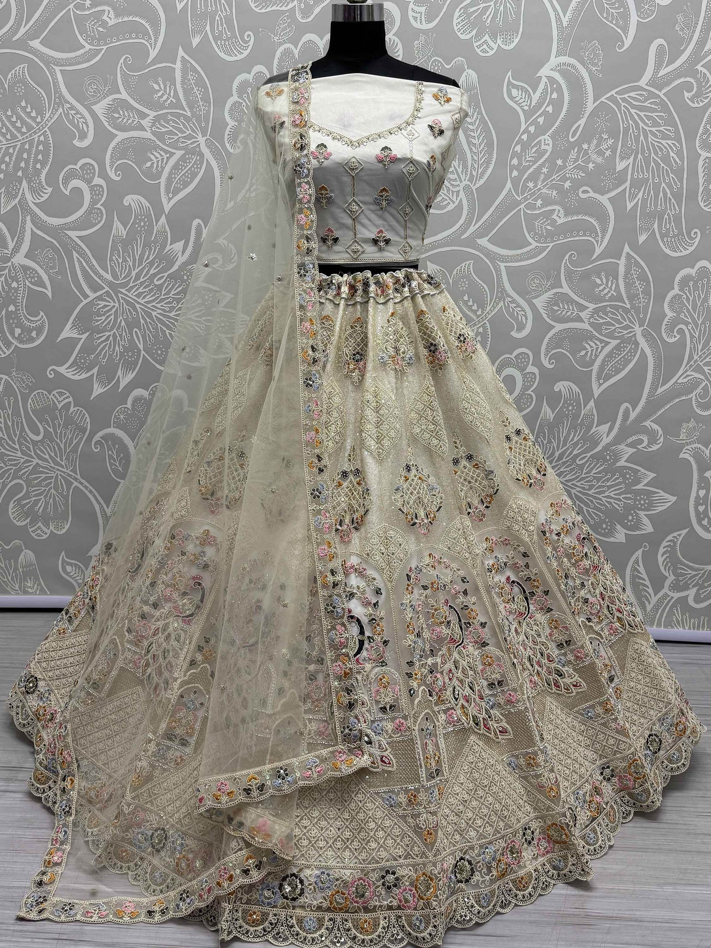 Excellent Off-White Lace Work Net Bridesmaid Lehenga Choli - Zeel Clothing