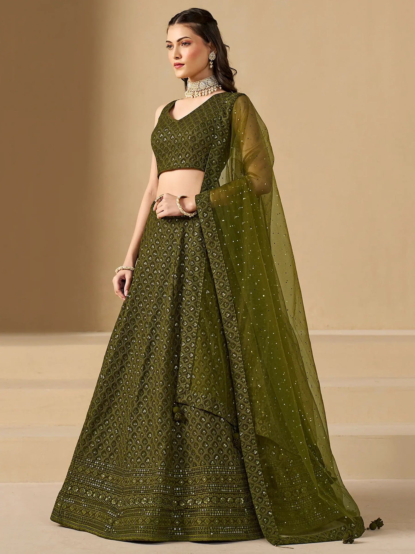Excellent Olive Green Thread Work Georgette Wedding Lehenga Choli - Zeel Clothing