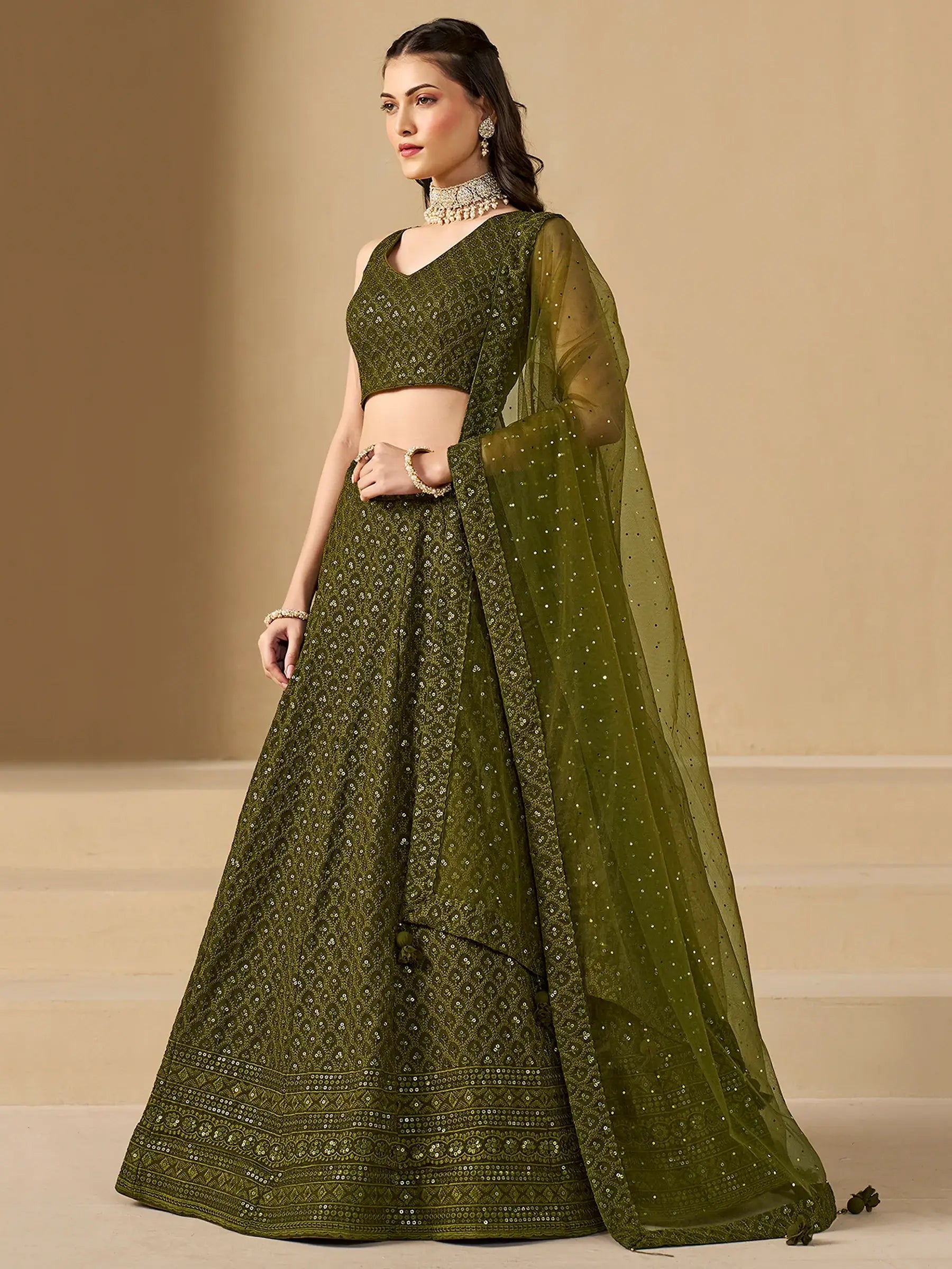 Excellent Olive Green Thread Work Georgette Wedding Lehenga Choli - Zeel Clothing