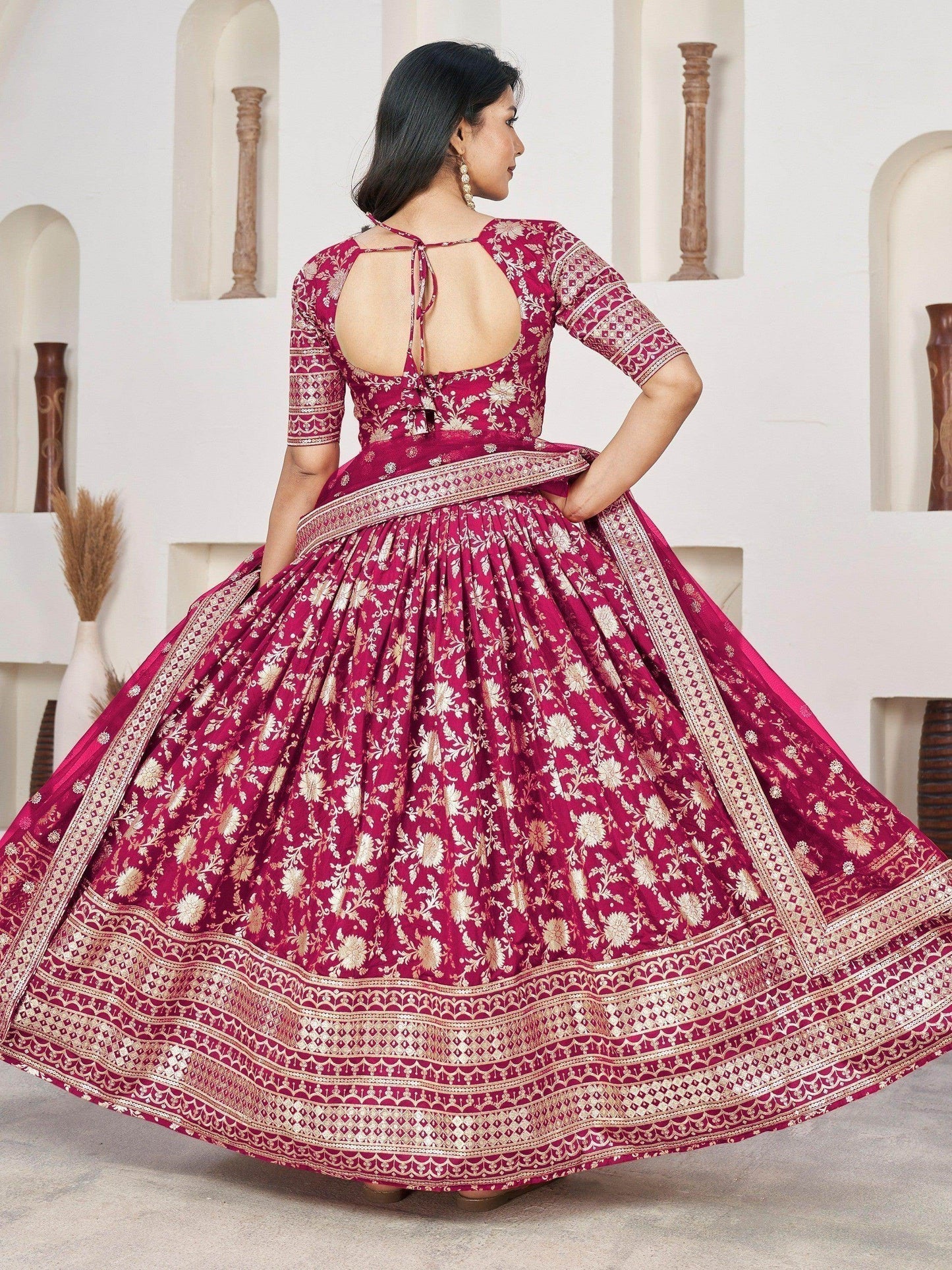 Excellent Rani Pink Zari Work Jacquard Wedding Wear Lehenga Choli - Zeel Clothing