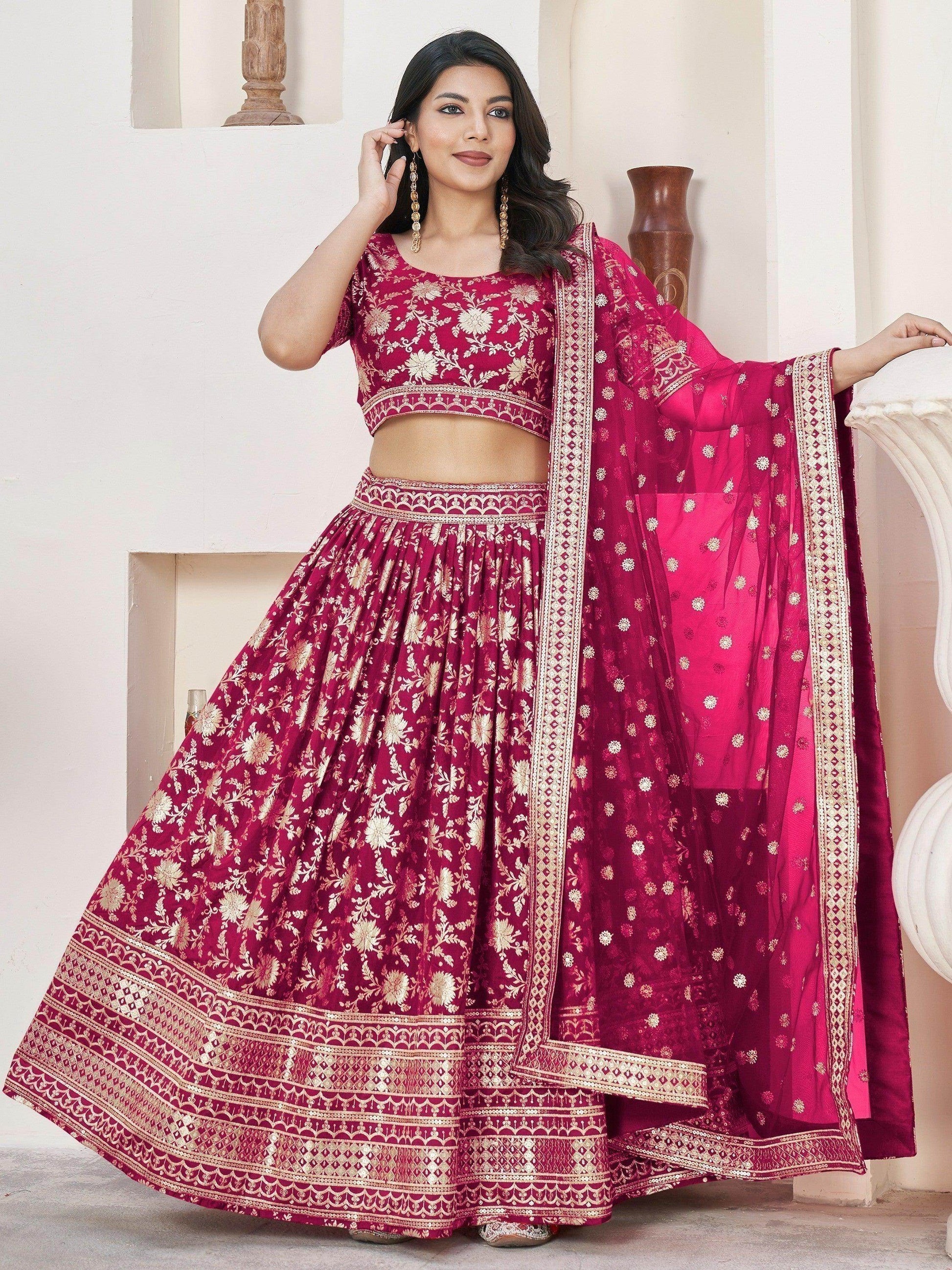 Excellent Rani Pink Zari Work Jacquard Wedding Wear Lehenga Choli - Zeel Clothing