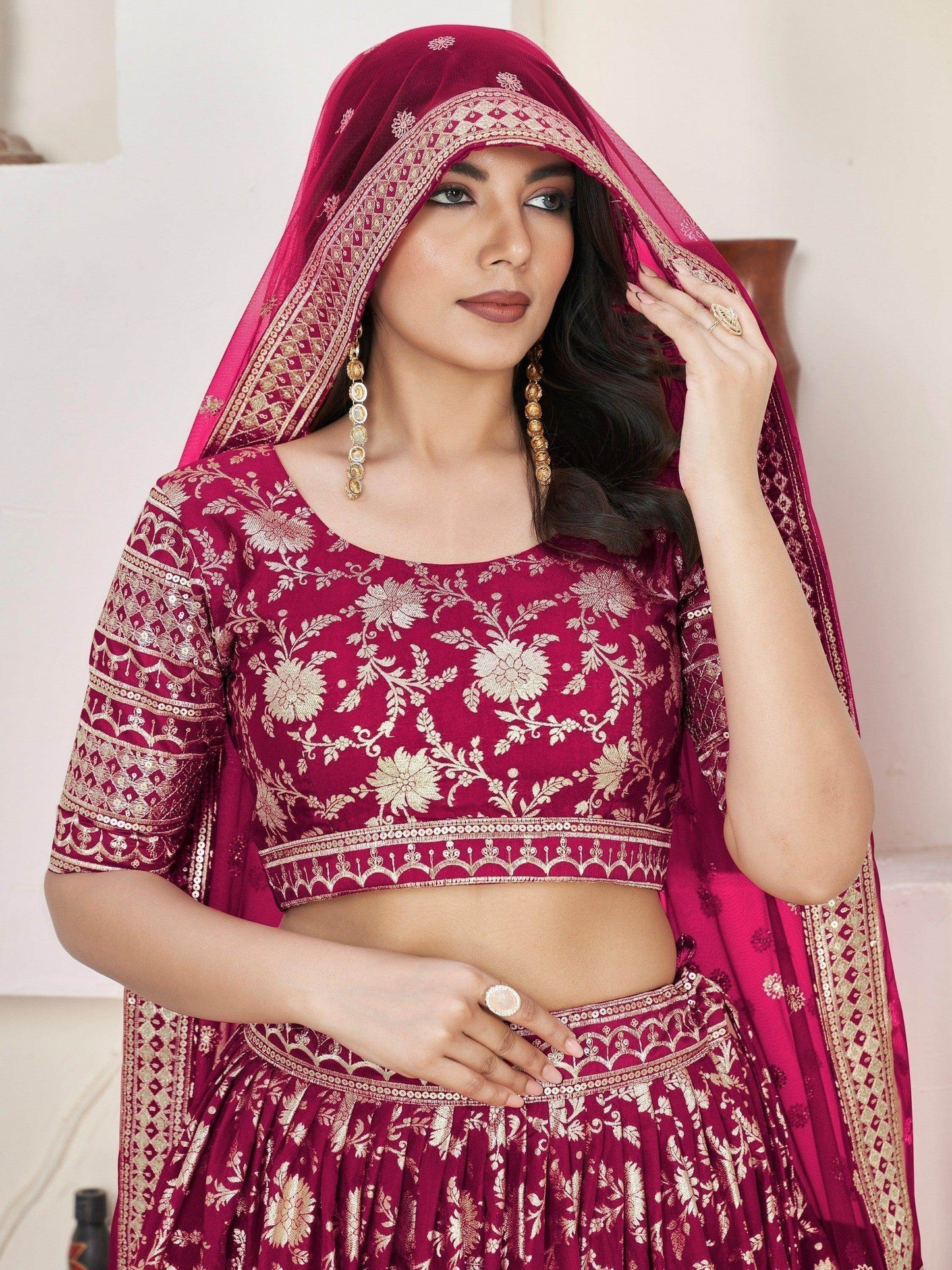 Excellent Rani Pink Zari Work Jacquard Wedding Wear Lehenga Choli - Zeel Clothing