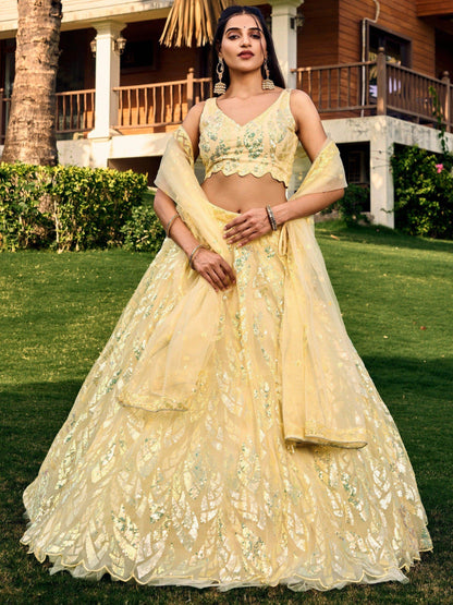 Excellent Yellow Sequins Net Haldi Wear Lehenga Choli With Dupatta - Zeel Clothing