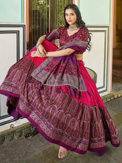 Exquisite Pink Foil Printed Tussar Silk Function Wear Lehenga Choli - Zeel Clothing