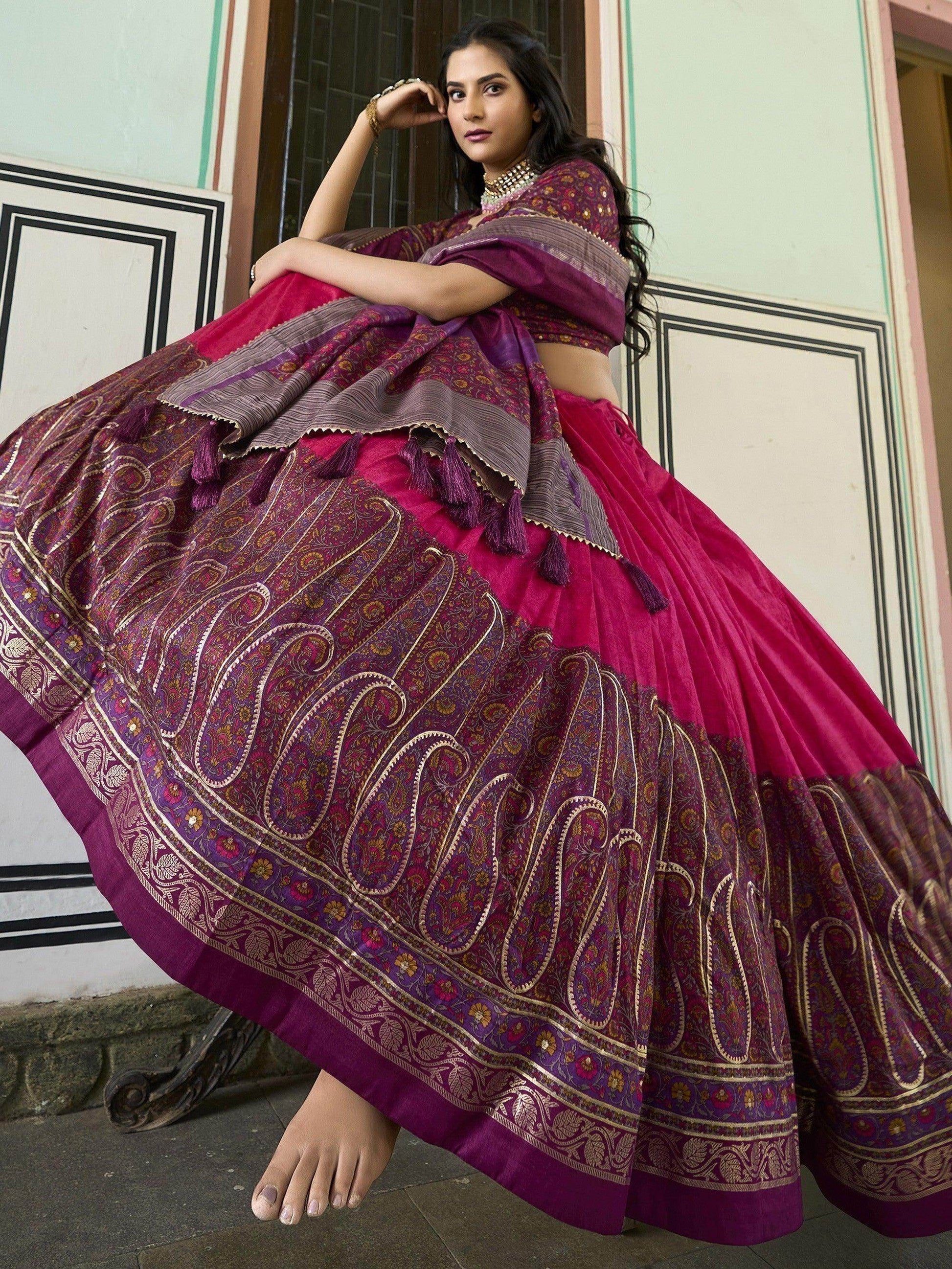 Exquisite Pink Foil Printed Tussar Silk Function Wear Lehenga Choli - Zeel Clothing
