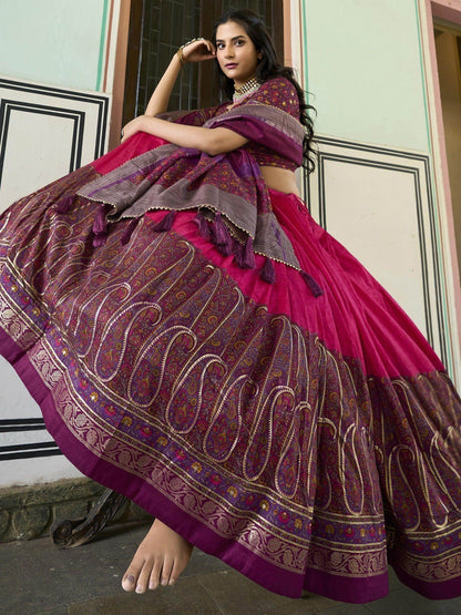 Exquisite Pink Foil Printed Tussar Silk Function Wear Lehenga Choli - Zeel Clothing