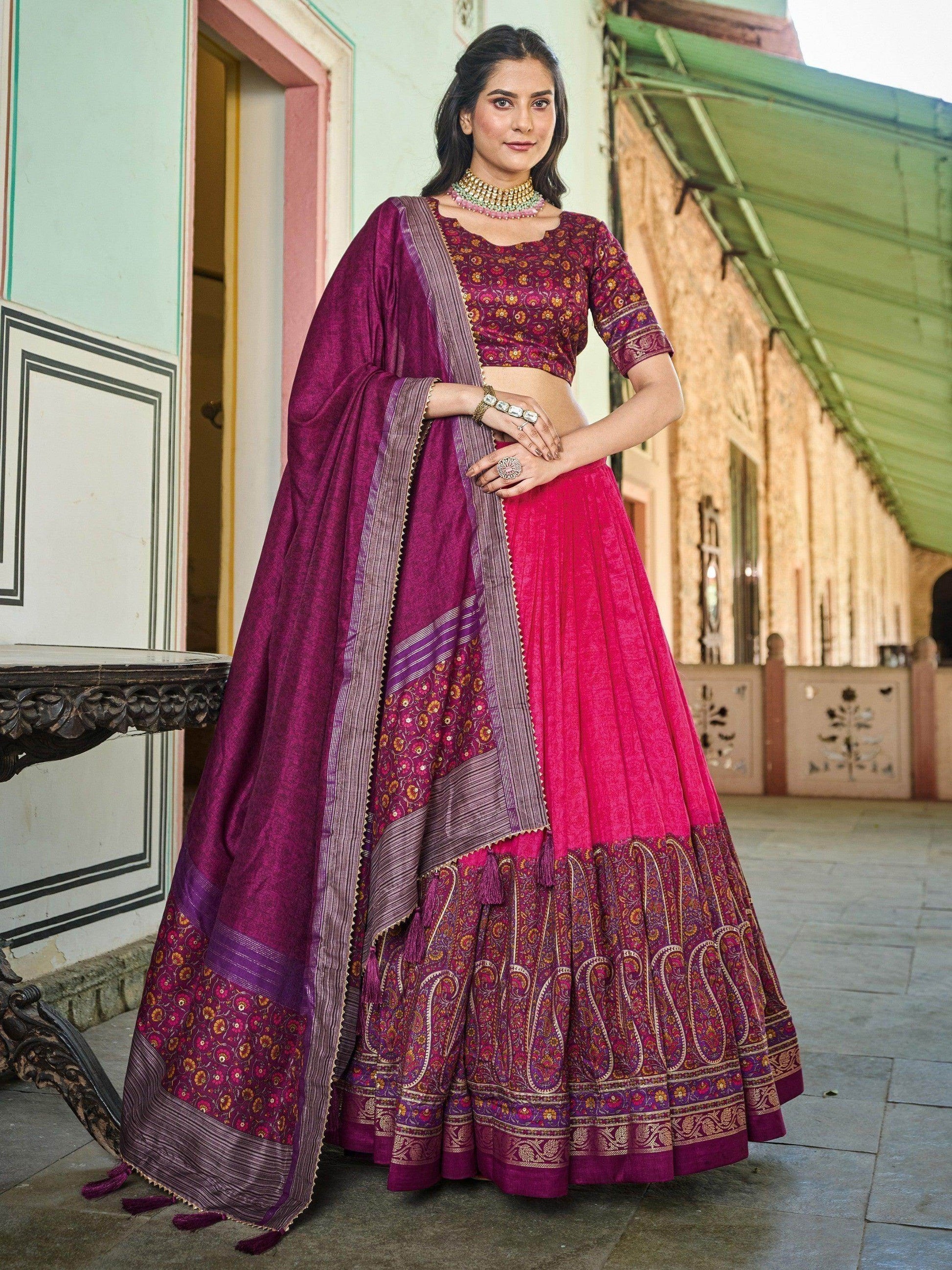 Exquisite Pink Foil Printed Tussar Silk Function Wear Lehenga Choli - Zeel Clothing