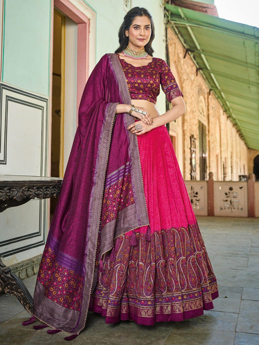 Exquisite Pink Foil Printed Tussar Silk Function Wear Lehenga Choli - Zeel Clothing