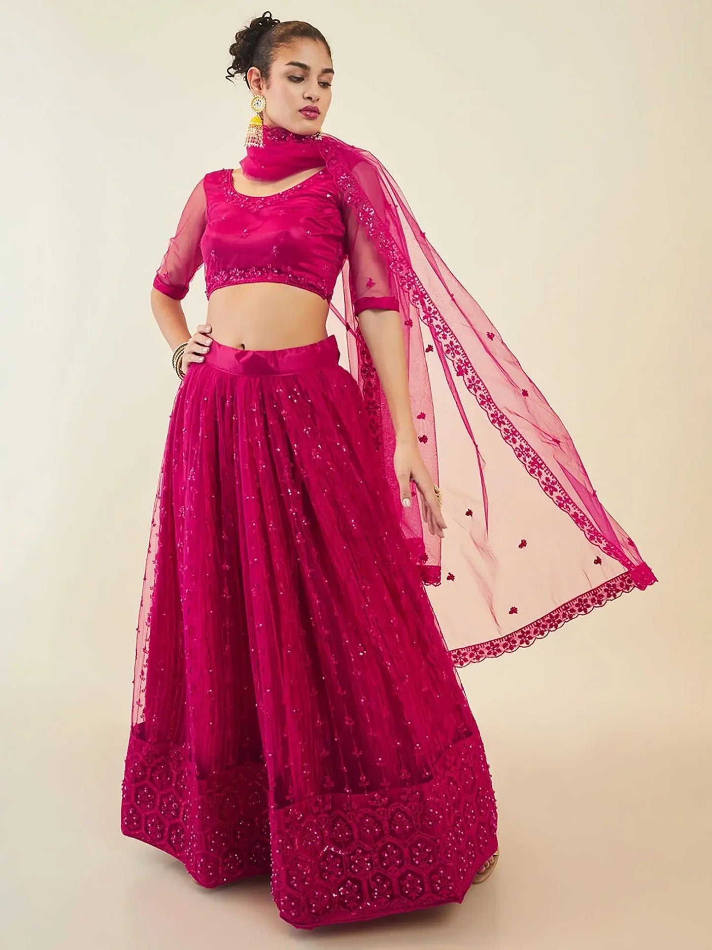 Exquisite Pink Sequins Net Sangeet Wear Lehenga Choli With Dupatta - Zeel Clothing