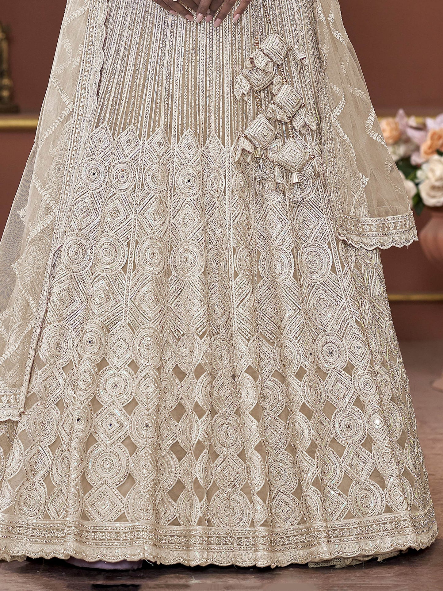 Fabulous Beige Jarkan Work Net Bridesmaid Lehenga Choli With Dupatta - Zeel Clothing
