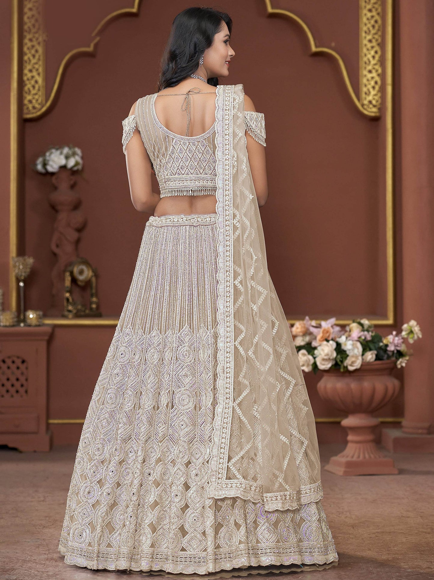 Fabulous Beige Jarkan Work Net Bridesmaid Lehenga Choli With Dupatta - Zeel Clothing