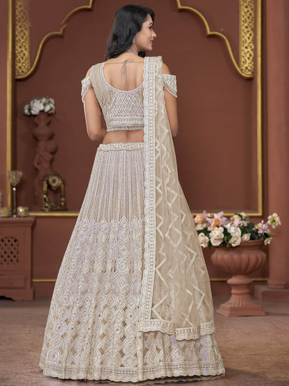 Fabulous Beige Jarkan Work Net Bridesmaid Lehenga Choli With Dupatta - Zeel Clothing
