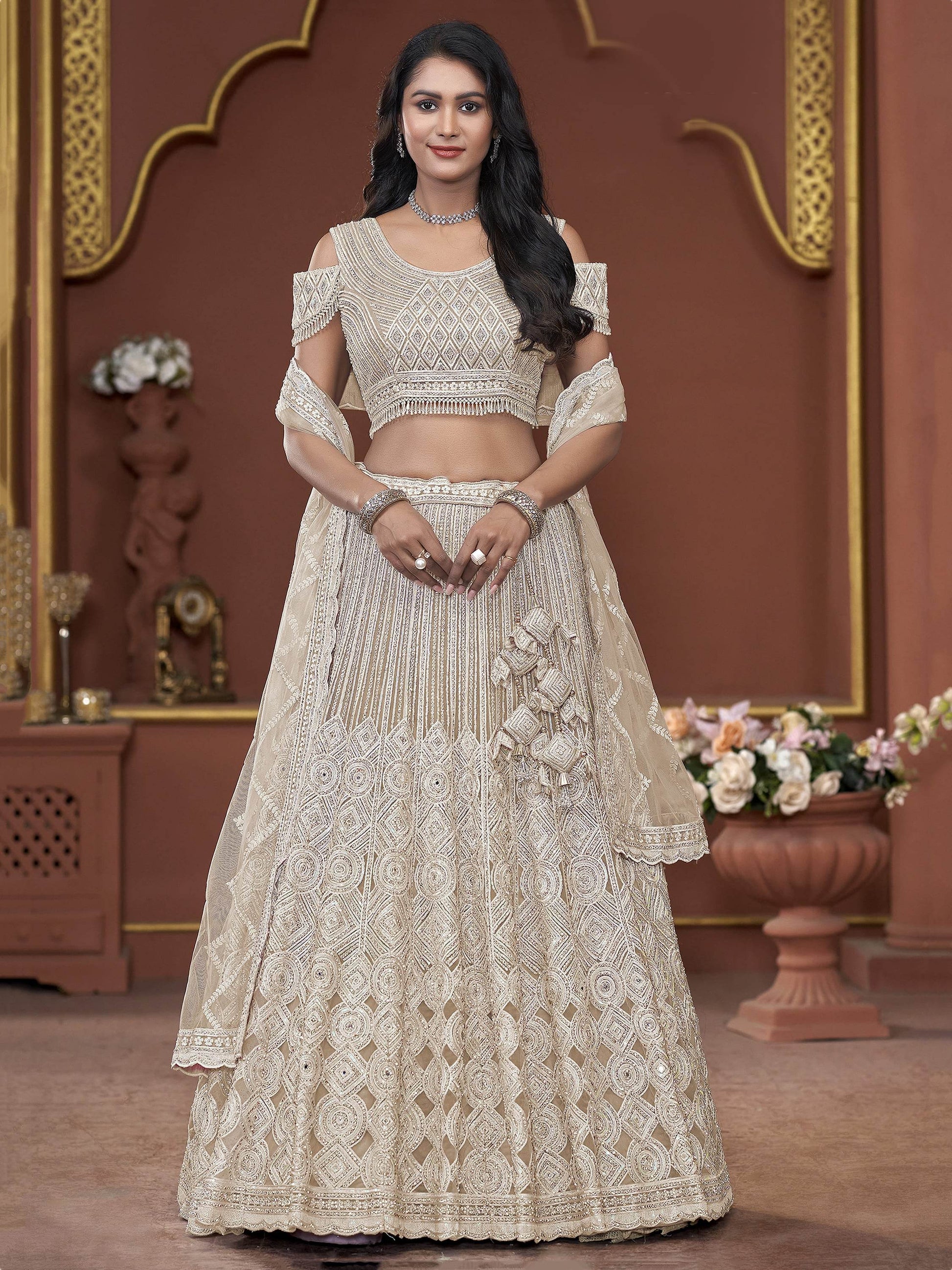 Fabulous Beige Jarkan Work Net Bridesmaid Lehenga Choli With Dupatta - Zeel Clothing