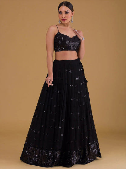 Fabulous Black Embroidered Georgette Reception Wear Lehenga Choli - Zeel Clothing