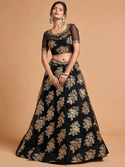 Fabulous Black Zari Embroidery Net Reception Wear Lehenga Choli - Zeel Clothing