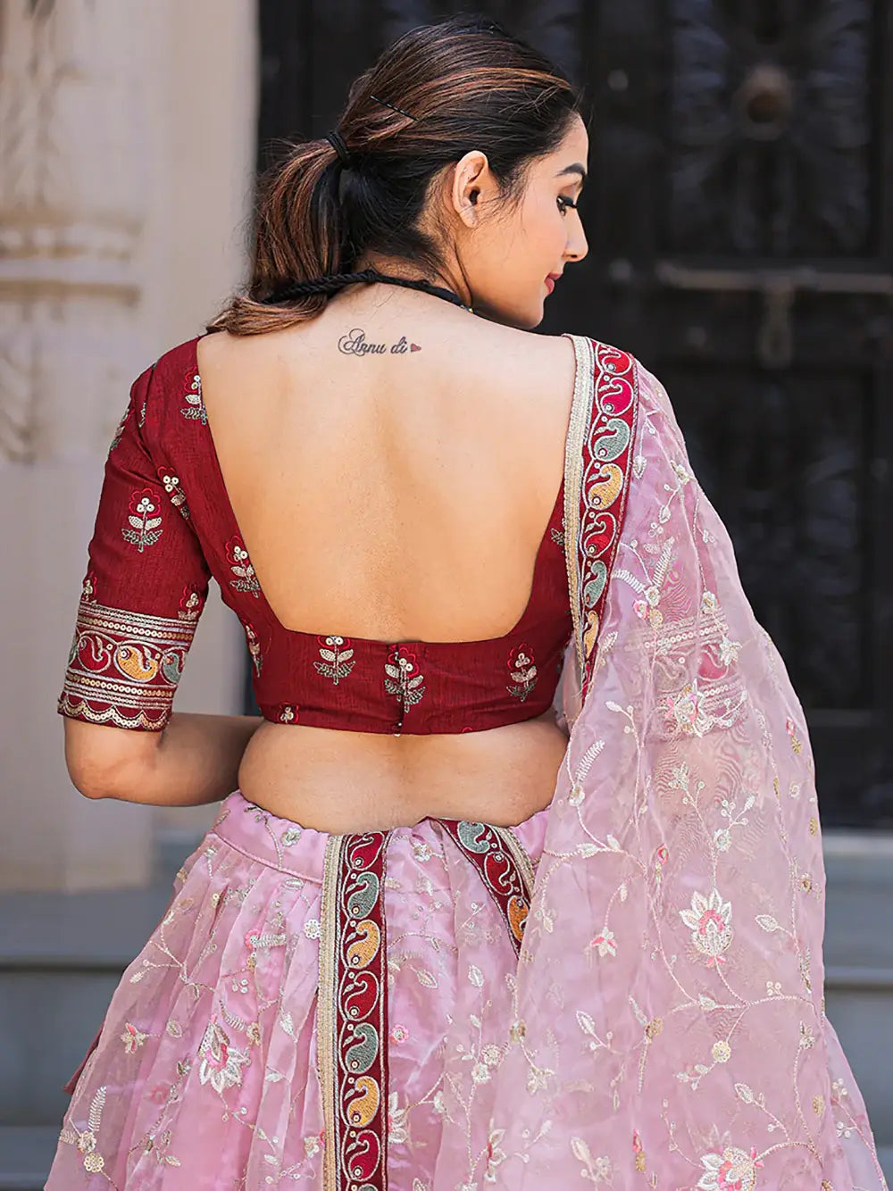 Fabulous Light Pink Thread Embroidery Organza Lehenga With Red Choli - Zeel Clothing