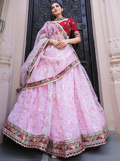 Fabulous Light Pink Thread Embroidery Organza Lehenga With Red Choli - Zeel Clothing