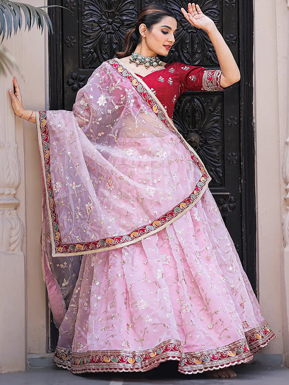 Fabulous Light Pink Thread Embroidery Organza Lehenga With Red Choli - Zeel Clothing