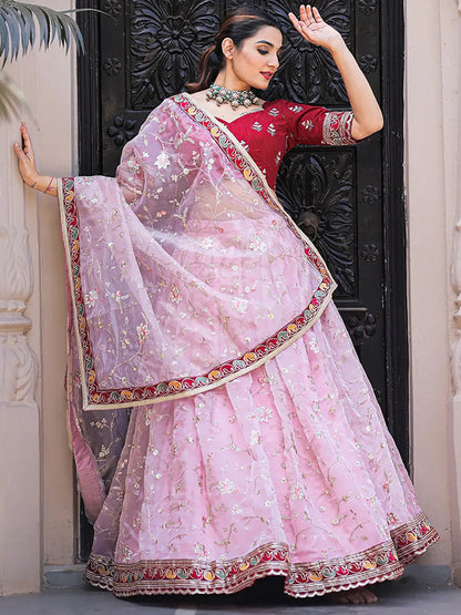 Fabulous Light Pink Thread Embroidery Organza Lehenga With Red Choli - Zeel Clothing