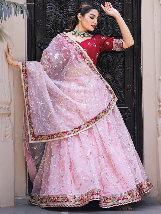 Fabulous Light Pink Thread Embroidery Organza Lehenga With Red Choli - Zeel Clothing