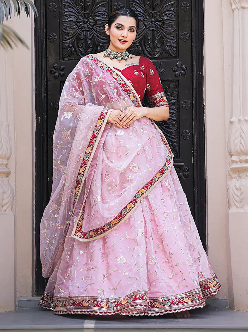 Fabulous Light Pink Thread Embroidery Organza Lehenga With Red Choli - Zeel Clothing