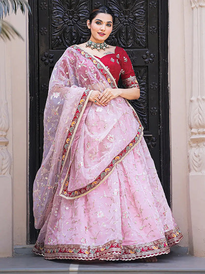 Fabulous Light Pink Thread Embroidery Organza Lehenga With Red Choli - Zeel Clothing