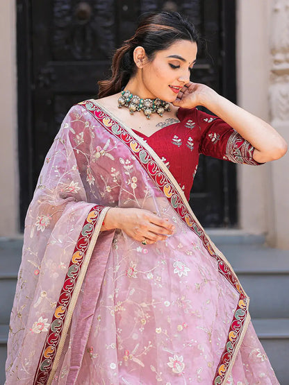 Fabulous Light Pink Thread Embroidery Organza Lehenga With Red Choli - Zeel Clothing
