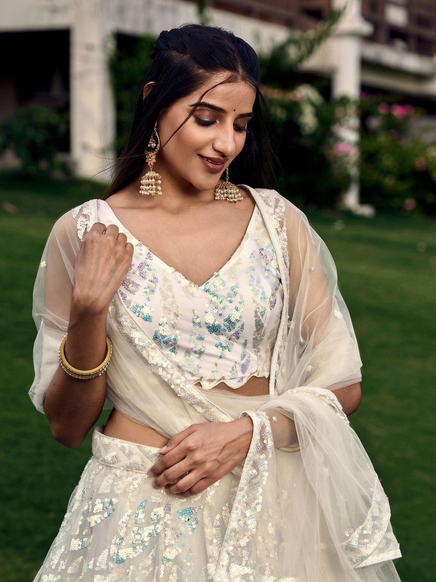 Fabulous Off-White Sequins Net Traditional Lehenga Choli With Dupatta - Zeel Clothing