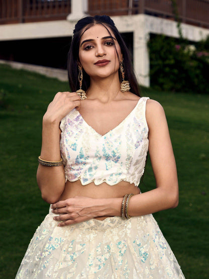 Fabulous Off-White Sequins Net Traditional Lehenga Choli With Dupatta - Zeel Clothing