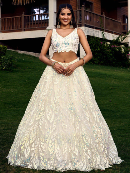 Fabulous Off-White Sequins Net Traditional Lehenga Choli With Dupatta - Zeel Clothing